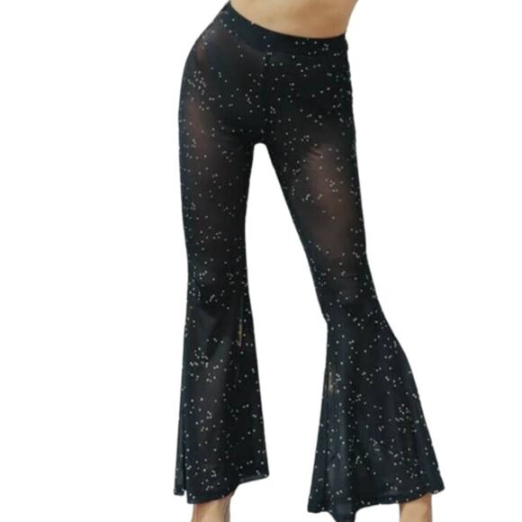 high waist small black sheer mesh studded flare leg pant club rave P2 4559 - Picture 1 of 11